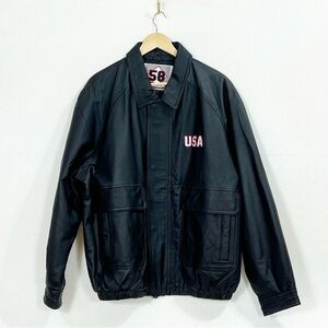 58 sport Black Leather jacket with front and back U.S.A embroidered